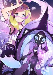 1girl absurdres arm_up bead_necklace beads black_skirt blonde_hair bright_pupils closed_mouth commentary_request eyelashes facepaint gen_7_pokemon grey_eyes headband highres holding holding_paintbrush jewelry legendary_pokemon looking_at_viewer looking_down mina_(pokemon) mina_(sygna_suit)_(pokemon) moon multicolored_hair necklace nintendo official_alternate_costume outdoors paintbrush pokemon pokemon_(creature) pokemon_masters_ex pon_yui purple_hair skirt sky tapu_fini two-tone_hair water_drop white_pupils
