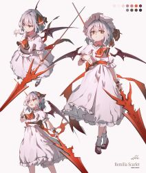 1girl absurdres ascot bat_wings blue_hair brooch character_name collared_shirt commentary fingernails frilled_shirt_collar frills full_body hair_between_eyes hat hat_ribbon highres holding holding_polearm holding_weapon jewelry long_fingernails looking_at_viewer mary_janes mob_cap multiple_views pink_hat pink_shirt pink_skirt polearm puffy_short_sleeves puffy_sleeves red_ascot red_eyes red_nails red_ribbon red_shoes remilia_scarlet ribbon shirt shoes short_hair short_sleeves simple_background skirt spear spear_the_gungnir touhou weapon wings wrist_cuffs ycl_060