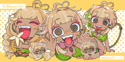 1girl ahoge animal_ears artist_name banana bananajuju bikini blonde_hair bomu_art0502 brown_eyes brown_tail closed_eyes dark-skinned_female dark_skin food fruit heart heart_ahoge highres indie_virtual_youtuber jewelry leaf_bikini long_hair monkey_ears monkey_girl monkey_tail multiple_views necklace open_mouth plant_clothing ringed_eyes swimsuit tail teeth upper_teeth_only virtual_youtuber
