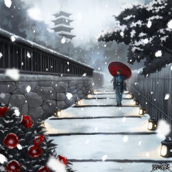 Rule 34 | 1boy, aqua kimono, architecture, black hair, black jacket, black socks, bush, camellia, copyright name, dairoku ryouhei, east asian architecture, fence, flower, full body, hair between eyes, haori, holding, holding umbrella, jacket, japanese clothes, kimono, long hair, long sleeves, looking to the side, low ponytail, male focus, oil-paper umbrella, open clothes, open jacket, outdoors, ponytail, red flower, red umbrella, sandals, scallgo, scenery, snow, snowing, socks, solo, standing, stone lantern, stone wall, tabi, totsuki aya, tower, tree, umbrella, zouri