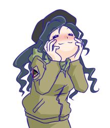 =_= blue_hair blush breasts closed_eyes green_jacket hands_on_own_face hat jacket japanon kraken_(japanon) kraken_regiment long_hair medium_breasts military non-web_source nose_blush original pants peaked_cap russo-ukrainian_war white_background