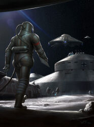Rule 34 | alternate universe, armor, astronaut, balkenkreuz, cross, darren tan, flying saucer, full armor, highres, military base, moon, original, people, rock, scenery, shadow, space, spacecraft, spacecraft turret, sunlight, thrusters, ufo