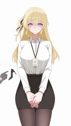 Rule 34 | 1girl, black skirt, blonde hair, breasts, business suit, check translation, chinese commentary, collared shirt, commentary request, cowboy shot, formal clothes, hair ribbon, highres, holding own hand, large breasts, light blush, long hair, long sleeves, looking at viewer, name tag, open collar, pantyhose, phoebe (wuthering waves), purple eyes, ribbon, shirt, simple background, skirt, solo, standing, suit, translation request, weitaming c, white background, white shirt, wuthering waves