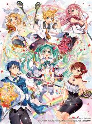 2boys 4girls aqua_eyes arms_up asymmetrical_gloves back_bow bare_arms bare_shoulders black_dress black_pants black_shorts black_skirt blonde_hair blue_eyes blue_flower blue_hair blue_scarf boots bouquet bow bow_choker bow_hairband bowtie breasts brown_eyes brown_hair choker cleavage closed_mouth detached_sleeves dress falling_petals floating_clothes floating_hair floating_neckwear floating_scarf flower formal_clothes gloves green_bow green_bowtie green_hair hair_flower hair_ornament hairband hand_up hands_up hatsune_miku holding holding_bouquet holding_microphone holding_wand jacket kagamine_rin kaito_(vocaloid) long_hair looking_at_viewer looking_back magical_mirai_kaito magical_mirai_kaito_(2017) magical_mirai_len magical_mirai_len_(2017) magical_mirai_luka magical_mirai_luka_(2017) magical_mirai_meiko magical_mirai_meiko_(2017) magical_mirai_miku magical_mirai_miku_(2017) magical_mirai_rin magical_mirai_rin_(2017) meiko_(vocaloid) microphone microphone_wand midriff midriff_peek multiple_boys multiple_girls murakami_yuichi neck_ribbon neckerchief necktie official_alternate_costume official_art one_eye_closed open_mouth orange_flower orange_neckerchief orange_necktie pants parted_bangs petals pink_hair pink_skirt plaid_bow plaid_bowtie plaid_clothes plaid_neckerchief plaid_necktie plaid_scarf ponytail rainbow reaching reaching_towards_viewer red_choker red_flower red_petals red_rose ribbon rose rose_petals scarf shirt short_hair short_ponytail short_shorts short_sleeves shorts skirt sleeveless sleeveless_shirt smile strapless strapless_dress suit suit_jacket thigh_boots tube_dress twintails two-sided_fabric two-sided_skirt uneven_gloves v v_over_head very_long_hair vocaloid wand white_bow white_footwear white_gloves white_shirt white_tailcoat yellow_flower yellow_necktie