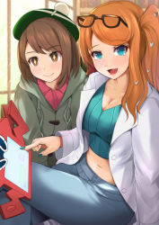 Rule 34 | + +, 2girls, :d, blue eyes, blue nails, blue pants, blue sweater, blush, breasts, brown-framed eyewear, brown eyes, brown hair, cardigan, cleavage, coat, collared dress, crossed legs, ditto, dress, eyewear on head, gen 1 pokemon, gen 4 pokemon, glasses, gloria (pokemon), green headwear, grey cardigan, hair ornament, hat, heart, heart hair ornament, highres, indoors, kanzaki kureha, lab coat, large breasts, leaning forward, long hair, long sleeves, looking at viewer, midriff, multiple girls, nail polish, navel, nintendo, nose blush, open mouth, orange hair, pants, pink dress, pointing, pokemon, pokemon (creature), pokemon swsh, ribbed sweater, rotom, rotom dex, short hair, side ponytail, sitting, smile, sonia (pokemon), sweater, swept bangs, tam o&#039; shanter, window