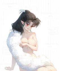 Rule 34 | 1girl, arm support, black hair, breasts, collarbone, covering breasts, covering privates, fur scarf, highres, inuyasha, kaguya (inuyasha), long hair, nude, pointy ears, ponytail, red eyes, seiai1314, sitting, solo