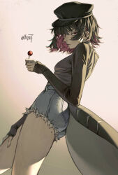 1girl black_hair black_hat black_shirt candy colored_inner_hair denim denim_shorts ellen_joe fins fish_tail food hair_ornament hat highres holding holding_candy holding_food holding_lollipop lollipop mole mole_on_thigh multicolored_hair peaked_cap purple_eyes purple_hair shark_girl shark_tail shirt shorts solo tail vey3st x_hair_ornament zenless_zone_zero