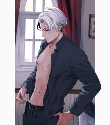 Rule 34 | 1boy, absurdres, belt, black belt, closed mouth, collarbone, curtains, divus crewel, earrings, eyelashes, eyeshadow, highres, indoors, jewelry, makeup, male focus, minatoya mozuku, navel, nipples, open clothes, open shirt, pants, picture frame, pillarboxed, solo, twisted wonderland, white hair, window