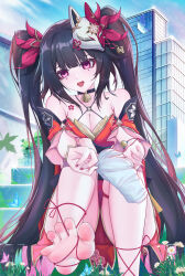 1girl absurdres barefoot black_hair feet highres honkai:_star_rail honkai_(series) long_hair open_mouth red_eyes soles sparkle_(honkai:_star_rail) stairs toes twintails ylic