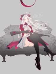 1girl absurdres assault_rifle bow carlotta_(wuthering_waves) dress english_text gun hairband highres holding holding_gun holding_weapon jacket pink_bow pink_hairband pink_jacket pokki961 rifle sitting solo speech_bubble weapon white_dress wuthering_waves
