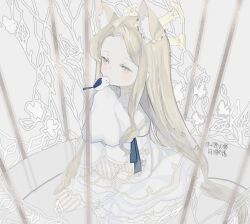 1girl animal animal_ear_fluff animal_ears bird birdcage blue_archive brown_hair cage commentary_request detached_sleeves dress forehead hand_up highres long_hair long_sleeves lunacats parted_bangs puffy_long_sleeves puffy_sleeves red_eyes seia_(blue_archive) sleeves_past_fingers sleeves_past_wrists solo very_long_hair white_dress white_sleeves