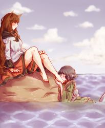 2girls animal_ears barefoot brown_hair dress feet fingernails fins foot_worship grey_hair hairy_legs hands_on_feet head_fins highres imaizumi_kagerou japanese_clothes kimono kissing_foot long_fingernails long_hair long_toenails mermaid monster_girl multiple_girls obi on_rock orz_(kagewaka) plantar_flexion rock sash short_hair sitting thick_eyebrows toenails touhou very_long_hair wakasagihime water wolf_ears yuri