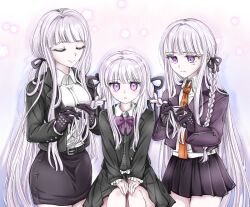 Rule 34 | 3girls, black gloves, black jacket, black ribbon, black skirt, blush, bow, bowtie, braid, braiding hair, breasts, closed mouth, collared shirt, danganronpa, danganronpa: trigger happy havoc, danganronpa (series), danganronpa kirigiri, frown, gloves, grey hair, hair ribbon, hairdressing, highres, jacket, kirigiri kyoko, large breasts, long hair, long sleeves, looking at viewer, miniskirt, moon (moon0771110), multiple girls, multiple persona, pencil skirt, pink bow, pink bowtie, pink eyes, pleated skirt, ponytail, ribbon, shirt, skirt, smile, teeth, white background, white shirt