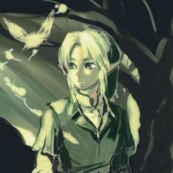 1boy bad_id bad_pixiv_id fairy forest hakobe_(ichiru) hat link monochrome nature navi nintendo pointy_ears the_legend_of_zelda the_legend_of_zelda:_ocarina_of_time tree tunic