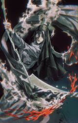 Rule 34 | 1girl, black background, black hair, black hood, burn scar, closed mouth, dark souls (series), dark souls iii, darksign (dark souls), dress, fire, highres, holding, holding weapon, hood, hood over one eye, layered dress, long sleeves, nun, purple eyes, scar, scythe, sister friede, smoke, solo, weapon, white dress, yujia0412