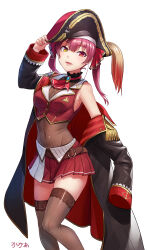 1girl absurdres adjusting_clothes adjusting_headwear armpits arpeggio_kaga bare_shoulders belt bicorne black_coat black_thighhighs breasts cleavage coat commentary_request covered_navel crop_top cropped_jacket hat heterochromia highres hololive houshou_marine houshou_marine_(1st_costume) jacket large_breasts legs leotard leotard_under_clothes long_hair looking_at_viewer miniskirt navel open_mouth pirate pirate_hat red_eyes red_hair red_jacket see-through_cleavage see-through_clothes see-through_leotard signature simple_background skirt sleeveless sleeveless_jacket solo thighhighs twintails virtual_youtuber white_background yellow_eyes zettai_ryouiki