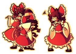3girls animal_ears ascot asymmetrical_wings black_hair bow brown_hair cosplay daigada detached_sleeves disguise full_body futatsuiwa_mamizou grin hair_bow hair_tubes hakurei_reimu hakurei_reimu_(cosplay) houjuu_nue multiple_girls navel raccoon_ears smile squiggle sunglasses tongue tongue_out touhou transparent_background wings