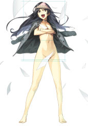 Rule 34 | 1girl, artist request, barefoot, black hair, bracelet, breasts, choker, cleavage, convenient censoring, crossed arms, female focus, jacket, jewelry, legs apart, long hair, navel, nude, object on head, open mouth, panties, panties on head, solo, tagme, underwear