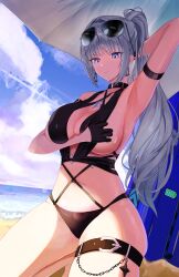 1girl absurdres arm_behind_head arm_up armband armpits bare_shoulders battery_indicator beach beach_umbrella belt bikini black_armband black_belt black_bikini black_collar black_gloves black_survival blue_sky blunt_bangs breasts chain cleavage closed_mouth cloud collar collarbone commentary criss-cross_straps day english_commentary eternal_return:_black_survival expressionless eyewear_on_head gloves grey_eyes grey_hair half_gloves hand_on_own_chest haze_(black_survival) haze_(private_summer)_(black_survival) highres large_breasts lens_flare light_blush long_hair looking_at_viewer multi-strapped_bikini_bottom multi-strapped_bikini_top navel ocean official_alternate_costume outdoors ponytail red_pupils schoppi_0731 sideboob sidelocks sky solo squatting sticker stomach sunglasses swimsuit thigh_belt thigh_strap thighs umbrella under_umbrella very_long_hair weapon_case wet