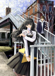 1girl artbook black_dress black_hair book bridge brown_hair chef_no_kimagure_salad covering_own_mouth day dress female_focus green_eyes holding holding_book hood hoodie jacket long_hair long_sleeves looking_at_viewer no official_art original outdoors pedestrian_bridge pinafore_dress railing shirt sleeveless sleeveless_dress solo starry_night train_station tree wavy_hair white_shirt wind winter yes