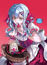 2girls :o =_= animalization apron back_bow bang_dream! bang_dream!_it&#039;s_mygo!!!!! basket blue_dress bow buttons center-flap_bangs center_frills chibi chinese_commentary closed_eyes collared_dress commentary_request corset covered_mouth cowboy_shot double-parted_bangs double_bun dress fingernails food food-themed_hair_ornament food_print frilled_dress frilled_wrist_cuffs frills fruit fruit_print gradient_background hair_bow hair_bun hair_ornament hair_ribbon hairclip hand_up highres holding holding_basket holding_food holding_fruit leaning_forward long_sidelocks looking_at_viewer medium_hair multiple_girls octopus official_alternate_costume official_alternate_hair_length official_alternate_hairstyle open_mouth print_dress puffy_short_sleeves puffy_sleeves red_background red_bow red_corset red_dress red_ribbon red_shoes red_wrist_cuffs ribbon shoes short_sleeves sidelocks strawberry strawberry_hair_ornament strawberry_print teeth togawa_sakiko tokinhr two-tone_dress two-tone_wrist_cuffs wakaba_mutsumi white_apron white_bow white_dress white_wrist_cuffs wrist_cuffs yellow_eyes