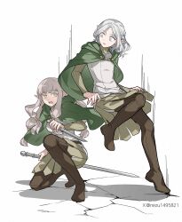 1boy 1girl boots braid cloak dungeon_meshi elf full_body gorget green_cloak green_shirt grey_eyes grey_hair half_up_braid high_collar highres holding holding_sword holding_weapon hood hooded_cloak long_hair long_sleeves medium_hair milsiril_(dungeon_meshi) mithrun mithrun_(young) nezu1495821 on_one_knee open_mouth pointy_ears shirt standing standing_on_one_leg sweatdrop sword thigh_boots tunic wavy_hair weapon white_background wide-eyed yellow_eyes