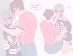 ... 2boys against_wall alien_stage arm_warmers black_arm_warmers black_choker black_hair black_shirt blue_pants blush bracelet choker closed_mouth collarbone cross cross_necklace ear_piercing earrings english_text green_eyes green_hair hand_on_another&#039;s_cheek hand_on_another&#039;s_face heart ivan_(alien_stage) jewelry multiple_boys necklace off-shoulder_shirt off_shoulder open_mouth pants piercing pinned print_shirt red_shirt rinrin_(wuvpyon) shirt short_hair simple_background single_arm_warmer sitting skeleton_print speech_bubble spoken_ellipsis spoken_heart striped_arm_warmers till_(alien_stage) white_background yaoi