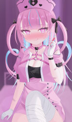 1girl absurdres bandaged_leg bandages bandaid bandaid_on_arm bed blush chest_harness collared_shirt garter_straps gloves harness hat heart heart-shaped_pupils heart_in_eye highres hololive hospital hospital_bed long_hair looking_to_the_side minato_aqua multicolored_hair non_non427 nurse nurse_cap official_alternate_costume on_bed pink_hair purple_eyes shirt simple_background symbol-shaped_pupils symbol_in_eye syringe thighhighs twintails two-tone_hair virtual_youtuber white_thighhighs
