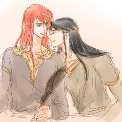 2boys black_hair braid closed_eyes closed_mouth cousins elf eyebrows_hidden_by_hair face-to-face fingon gold long_hair looking_at_another maedhros male_focus mintkim multiple_boys parted_lips pointy_ears profile quill red_hair simple_background the_silmarillion tolkien&#039;s_legendarium upper_body writing