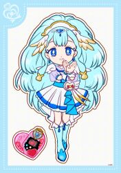 Rule 34 | 1girl, bag bow, beads, big hair, blue boots, blue border, blue eyes, blue hair, blue sash, boots, border, bow, bright pupils, circlet, clapping, collared dress, cure ange, deformed, dot nose, dotted line, dress, earrings, frilled dress, frills, full body, grey background, grid background, hair beads, hair ornament, hairband, happy, heart, heart-shaped bag, heart hair ornament, highres, hugtto! precure, jewelry, knee boots, long hair, looking at viewer, magical girl, makeup, mascara, open mouth, outline, own hands together, pink bow, pleated dress, precure, puffy short sleeves, puffy sleeves, purple sleeves, sash, see-through clothes, see-through sleeves, short dress, short sleeves, sidelocks, signature, smile, solo, standing, tareme, train (clothing), uwded 207, very long hair, waist bag, waist sash, white bag, white dress, white hairband, white outline, white pupils, wing hair ornament, yakushiji saaya