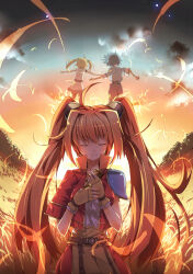 1boy 1girl black_hair breasts child closed_eyes eiyuu_densetsu estelle_bright feathers fingerless_gloves gloves holding_hands joshua_bright legs long_hair medium_breasts own_hands_together pants remembering short_hair skirt smile sora_no_kiseki sunset thighs twintails walking