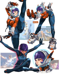 2girls bent_over bodysuit breasts breikka capcom chun-li closed_eyes crossed_legs double_bun female_focus full_body gloves hair_bun helmet juno_(overwatch) leg_up multiple_girls overwatch overwatch_2 purple_hair short_hair sitting small_breasts street_fighter street_fighter_6 thick_thighs thighs