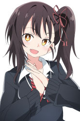 1girl :d blush brown_hair female_focus gang hair_ribbon ixy kishuku_gakkou_no_juliet komai_hasuki looking_at_viewer open_mouth pink_ribbon ribbon shirt side_ponytail simple_background smile solo upper_body white_background white_shirt yellow_eyes