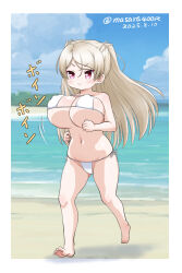 Rule 34 | 1girl, alternate costume, beach, bikini, blue sky, bouncing breasts, breasts, brown eyes, cloud, conte di cavour (kancolle), day, grey hair, horizon, kantai collection, large breasts, long hair, loose hair strand, masara (chuujou), ocean, one-hour drawing challenge, outdoors, side-tie bikini bottom, sky, solo, swimsuit, white bikini