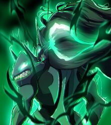 Rule 34 | 1boy, armor, aura, back, black hair, black skin, blazblue, blazblue: central fiction, colored skin, from behind, glowing, glowing eyes, green eyes, green hair, grin, horns, long hair, looking back, male focus, nanju bami, sharp teeth, shoulder armor, smile, susanoo (blazblue), teeth