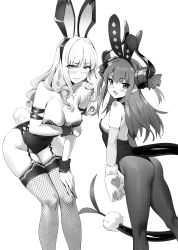 2girls absurdres animal_ears bare_shoulders breasts carmilla_(fate) cleavage elizabeth_bathory_(fate) elizabeth_bathory_(fate/extra) fake_animal_ears fate/grand_order fate_(series) fingernails fishnet_legwear fishnets garter_straps greyscale highres large_breasts leotard long_fingernails long_hair monochrome multiple_girls open_mouth pantyhose playboy_bunny pointy_ears rabbit_ears rabbit_paws rabbit_tail scan simple_background small_breasts strapless strapless_leotard tail white_background yd_(orange_maru)