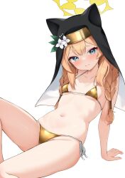 1girl alternate_costume arm_support bikini black_veil blonde_hair blue_archive blue_eyes blush breasts collarbone commentary_request double-parted_bangs feet_out_of_frame flower gold_bikini golden_week hair_flower hair_ornament hair_over_shoulder halterneck highres knee_up loli long_hair looking_at_viewer mari_(blue_archive) micro_bikini navel orange_hair reclining side-tie_bikini_bottom sidelocks simple_background skindentation small_breasts smile solo stomach string_bikini swimsuit veil white_background white_flower zarashi