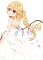 1girl absurdres alternate_costume back back_bow blonde_hair bouquet bow closed_mouth corset cowboy_shot double-parted_bangs dress elbow_gloves flandre_scarlet flower gloves hair_between_eyes highres long_dress long_hair looking_at_viewer looking_back one_side_up petals pink_flower red_eyes simple_background smile solo strapless strapless_dress third-party_source tiara touhou wedding_dress white_background white_bow white_corset white_dress white_gloves wings yada_(xxxadaman)