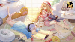 2girls barefoot bed blonde_hair bloomers book bow bracelet bug butterfly can cellphone chips_(food) coca-cola coffee_mug controller copyright_name copyright_notice cup detached_sleeves drink_can drinking_straw eliisa_(mahjong_soul) feet food game_cg game_controller green_eyes headphones highres holding holding_controller holding_game_controller insect jewelry lay&#039;s_(potato_chips) leaf light logo long_hair looking_at_another looking_at_object lying mahjong mahjong_soul mahjong_tile manga_(object) mug multiple_girls nintendo_switch official_art on_floor on_stomach pen phone pillow plant pocky potato_chips purple_eyes purple_hair red_bow rug sheep shine_cheese smartphone soda_can stuffed_animal stuffed_rabbit stuffed_toy stuffed_wolf sunlight suzumiya_anju underwear window wrist_cuffs