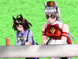 2girls ahoge animal_ears black_hair blunt_bangs bow bowtie dress ear_bow gintama gloves gold_ship_(umamusume) grey_hair gundam horse_ears horse_girl just_a_way_(racehorse) justaway kitasan_black_(umamusume) long_hair long_sleeves meso_(zgmf-xv) multicolored_hair multiple_girls pillbox_hat purple_shirt purple_skirt quattro_bajeena red_dress red_eyes sailor_collar sailor_shirt scene_reference school_uniform shirt short_hair skirt sleeveless sleeveless_dress streaked_hair sunglasses tracen_school_uniform umamusume white_bow white_bowtie white_gloves white_hair zeta_gundam
