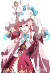 1girl absurdres animal animal_on_head aqua_bow aqua_bowtie aqua_hair asiri_senpai bow bowtie character_charm charm_(object) collar colored_tips commentary cowboy_shot dress green_eyes highres honkai:_star_rail honkai_(series) hyacine_(honkai:_star_rail) little_ica_(honkai:_star_rail) long_hair multicolored_hair objectification on_head open_mouth pink_hair red_dress revision simple_background smile solo star_(symbol) star_in_eye symbol_in_eye twintails twitter_username white_background white_collar yellow_pupils