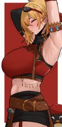 1girl absurdres armpits belt blonde_hair breasts closed_eyes closed_mouth crop_top earrings edmun6969 goggles goggles_on_head headscarf highres hololive hololive_indonesia jewelry kaela_kovalskia kaela_kovalskia_(4th_costume) large_breasts midriff motion_lines pemaloe_(kaela_kovalskia) red_background shorts solo sweat virtual_youtuber white_background