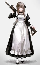 1girl absurdres apron black_dress black_ribbon black_shoes breasts brown_eyes brown_hair cleavage commentary dress full_body gun hair_ribbon highres holding holding_gun holding_weapon juliet_sleeves long_hair long_sleeves looking_at_viewer maid onmoynn open_mouth original puffy_sleeves ribbon shoes simple_background smile socks solo standing weapon white_apron white_background white_socks