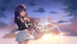 1girl absurdres black_shirt blue_eyes blue_hair camera cardcaptor_sakura cloud cloudy_sky commentary_request cowboy_shot daidouji_tomoyo dark_blue_hair glaring harutatsunoki highres holding holding_camera long_hair long_sleeves looking_at_viewer midriff_peek necktie open_mouth outdoors sailor_collar school_uniform serafuku shirt skirt sky smile solo sunset tomoeda_elementary_school_uniform very_long_hair white_necktie white_sailor_collar white_skirt