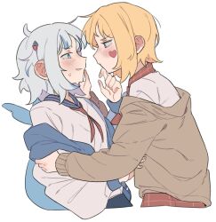 2girls addendium blonde_hair blue_eyes blue_hair blue_sailor_collar blush brown_jacket commentary facial_mark fins fish_tail gawr_gura hand_on_another&#039;s_arm hand_on_another&#039;s_face hashtag-only_commentary heart heart_facial_mark highres hololive hololive_english jacket multicolored_hair multiple_girls neckerchief parted_lips red_neckerchief sailor_collar school_uniform serafuku shark_tail shirt short_hair simple_background streaked_hair tail virtual_youtuber watson_amelia white_background white_hair white_shirt yuri