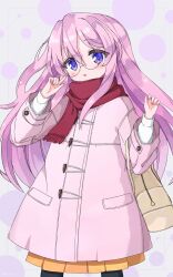 1girl absurdres bag blush bubble_background coat duffel_coat glasses handbag highres long_hair looking_at_viewer lucky_star mellowpeko orange_skirt pink_coat pink_hair pleated_skirt purple_background purple_eyes red_scarf round_eyewear scarf skirt takara_miyuki thighhighs