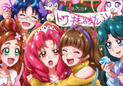 5girls :d :o ^_^ akagi_towa amanogawa_kirara aroma_(go!_princess_precure) chocokin commentary_request confetti closed_eyes go!_princess_precure happy_birthday haruno_haruka hug kaidou_minami multiple_girls nanase_yui official_style open_mouth party_popper precure puff_(go!_princess_precure) smile streamers turtleneck