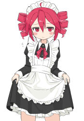 1girl alternate_costume apron black_dress blush cowboy_shot dress drill_hair enmaided flat_chest flying_sweatdrops frilled_apron frilled_hairband frills fusazakura hair_between_eyes hairband highres kasane_teto layered_dress looking_at_viewer maid maid_headdress neck_ribbon red_eyes red_ribbon ribbon simple_background skirt_hold smile solo twin_drills utau waist_apron white_apron white_background white_hairband