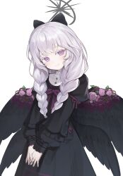 1girl absurdres baegbalbaegjung black_bow black_dress black_wings bow braid dress feathered_wings flower hair_bow halo highres long_hair long_sleeves looking_at_viewer original pink_flower purple_eyes simple_background smile solo twin_braids upper_body white_background white_hair wings