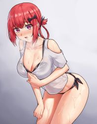 Rule 34 | 1girl, bare shoulders, bat hair ornament, black bra, black panties, blush, bra, breasts, cleavage, gabriel dropout, hair ornament, hair ribbon, large breasts, looking at viewer, open mouth, panties, purple eyes, red hair, ribbon, satanichia kurumizawa mcdowell, shirt, solo, sweat, underwear, white shirt